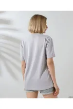 Kadın Bisiklet Yaka Baskılı Slim Fit T-Shirt - Boyalı Gri