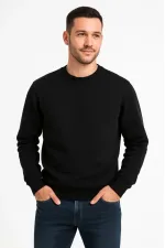 Erkek 3 İplik Pamuklu Düz Bisiklet Yaka SweatShirt - Siyah Erkek 3 İplik Pamuklu Düz Bisiklet Yaka SweatShirt - Siyah