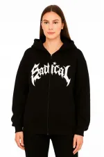 Kadın Kapüşonlu 3 İplik Şardonlu Önü Baskılı Fermuarlı Oversize Sweatshirt - Siyah Kadın Kapüşonlu 3 İplik Şardonlu Önü Baskılı Fermuarlı Oversize Sweatshirt - Siyah