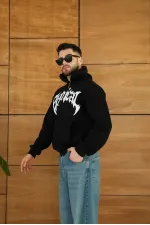 Erkek Kapüşonlu 3 İplik Şardonlu Önü Baskılı Fermuarlı Oversize Sweatshirt - Siyah Erkek Kapüşonlu 3 İplik Şardonlu Önü Baskılı Fermuarlı Oversize Sweatshirt - Siyah