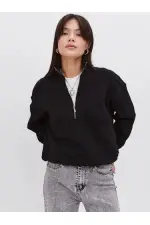 Kadın 3 İplik Pamuklu Oversize Yarım Fermuarlı Yakalı Basic Sweatshirt - Siyah Kadın 3 İplik Pamuklu Oversize Yarım Fermuarlı Yakalı Basic Sweatshirt - Siyah