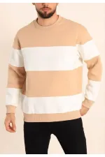 Erkek 3 iplik pamuklu Parçalı Bisiklet Yaka SweatShirt - Bej