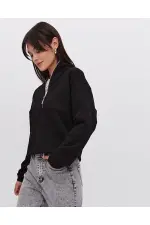 Kadın 3 İplik Pamuklu Oversize Yarım Fermuarlı Yakalı Basic Sweatshirt - Siyah Kadın 3 İplik Pamuklu Oversize Yarım Fermuarlı Yakalı Basic Sweatshirt - Siyah