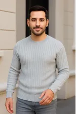 Erkek Fitilli Triko Kazak 2’li Set Siyah Gri Kalın Dokuma Pamuklu Regular Fit Bisiklet