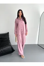 Kadın Gömlek Pantolon ikili Alt-Üst Takım - Toz Pembe Kadın Gömlek Pantolon ikili Alt-Üst Takım - Toz Pembe