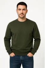 Erkek 3 İplik Pamuklu Düz Bisiklet Yaka SweatShirt - Haki Erkek 3 İplik Pamuklu Düz Bisiklet Yaka SweatShirt - Haki