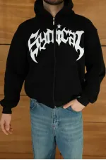 Erkek Kapüşonlu 3 İplik Şardonlu Önü Baskılı Fermuarlı Oversize Sweatshirt - Siyah Erkek Kapüşonlu 3 İplik Şardonlu Önü Baskılı Fermuarlı Oversize Sweatshirt - Siyah