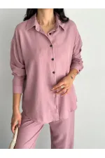 Kadın Gömlek Pantolon ikili Alt-Üst Takım - Toz Pembe Kadın Gömlek Pantolon ikili Alt-Üst Takım - Toz Pembe