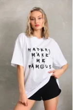 Kadın ön ve arka Baskılı Oversize Kısa kol T-Shirt - Beyaz Kadın ön ve arka Baskılı Oversize Kısa kol T-Shirt - Beyaz