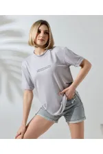 Kadın Bisiklet Yaka Baskılı Slim Fit T-Shirt - Boyalı Gri