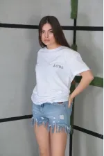 Kadın Bisiklet Yaka Baskılı Kısa kol Oversize T-Shirt- Beyaz