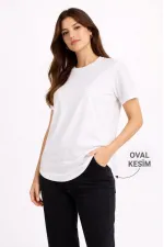 Kadın Basic T-Shirt Kısa Kol Bisiklet Yaka Oval Kesim Tişört - Beyaz Kadın Basic T-Shirt Kısa Kol Bisiklet Yaka Oval Kesim Tişört - Beyaz