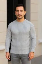 Erkek Fitilli Triko Kazak 2’li Set Siyah Gri Kalın Dokuma Pamuklu Regular Fit Bisiklet