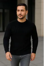 Erkek Fitilli Triko Kazak 2’li Set Siyah Gri Kalın Dokuma Pamuklu Regular Fit Bisiklet