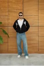 Erkek Kapüşonlu 3 İplik Şardonlu Önü Baskılı Fermuarlı Oversize Sweatshirt - Siyah Erkek Kapüşonlu 3 İplik Şardonlu Önü Baskılı Fermuarlı Oversize Sweatshirt - Siyah