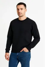 Erkek 3 İplik Pamuklu Düz Bisiklet Yaka SweatShirt - Siyah Erkek 3 İplik Pamuklu Düz Bisiklet Yaka SweatShirt - Siyah