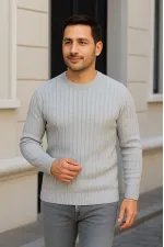 Erkek Fitilli Triko Kazak 2’li Set Siyah Gri Kalın Dokuma Pamuklu Regular Fit Bisiklet