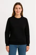Kadın 3 İplik Pamuklu Düz Bisiklet Yaka SweatShirt - Siyah