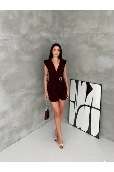 Kadın Kruvaze Drapeli Tokalı Mini Elbise Şık Gece Davet Abiye - Kahverengi