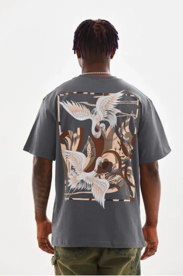 Erkek Baskılı T-Shirt Kısa Kol Bisiklet Yaka Rahat Kalıp Tişört  - Füme