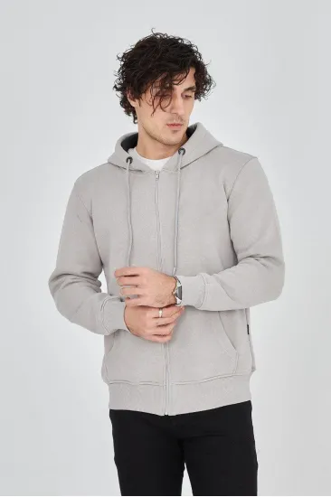 Erkek 3 İplik Pamuklu Fermuarlı Kapüşonlu Kanguru Cepli Hoodie Hırka Sweatshirt - Boyalı Gri Erkek 3 İplik Pamuklu Fermuarlı Kapüşonlu Kanguru Cepli Hoodie Hırka Sweatshirt - Boyalı Gri
