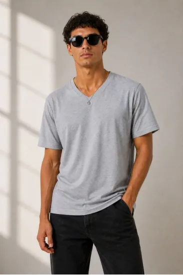 Erkek V Yaka Basic Tişört Kısa Kol Yazlık Regular Fit T-Shirt - Gri Erkek V Yaka Basic Tişört Kısa Kol Yazlık Regular Fit T-Shirt - Gri