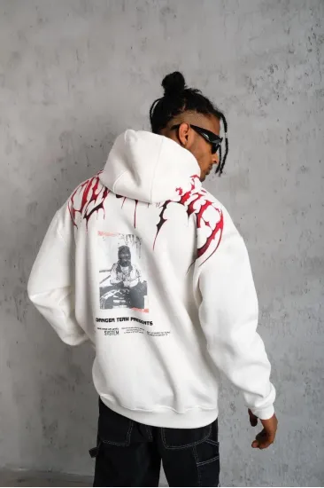Erkek 3 İplik Pamuklu Baskılı Kapüşonlu Cepli Sweatshirt Hoodie - Beyaz Erkek 3 İplik Pamuklu Baskılı Kapüşonlu Cepli Sweatshirt Hoodie - Beyaz
