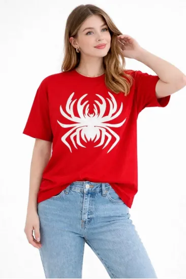 Kadın Örümcek Baskılı Tişört Kısa Kollu Bisiklet Yaka T-Shirt - Kırmızı Kadın Örümcek Baskılı Tişört Kısa Kollu Bisiklet Yaka T-Shirt - Kırmızı