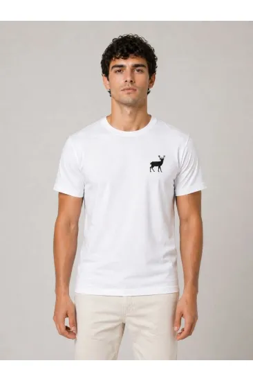 Erkek Minimal Geyik Logolu Tişört Bisiklet Yaka Kısa kol Yazlık T-Shirt - Beyaz