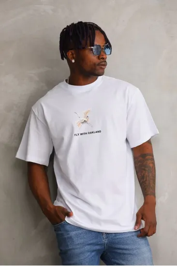 Erkek Baskılı T-Shirt Kısa Kol Bisiklet Yaka Rahat Kalıp Tişört - Beyaz
