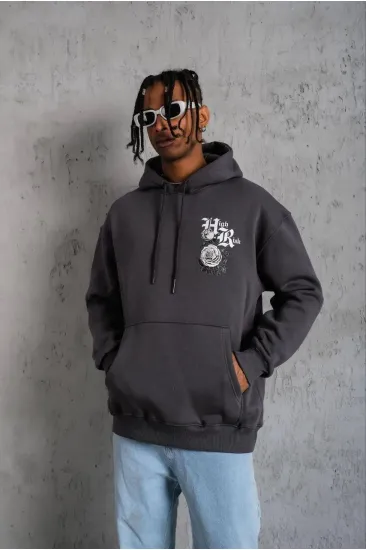 Erkek 3 İplik Pamuklu Kapüşonlu Baskılı Cepli Oversize Sweatshirt Hoodie - Füme Erkek 3 İplik Pamuklu Kapüşonlu Baskılı Cepli Oversize Sweatshirt Hoodie - Füme