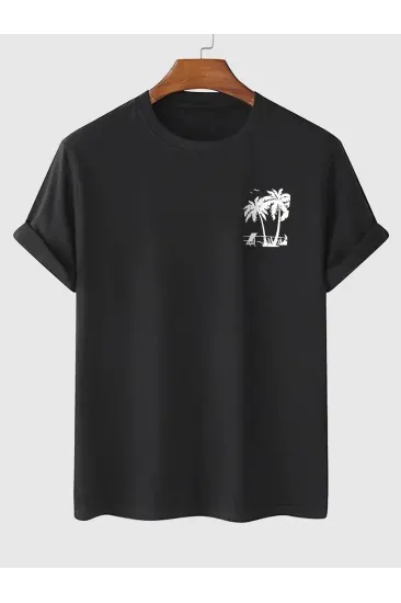 Erkek Kısa Kol Yazlık Tişört Bisiklet Yaka Palmiye Baskılı T-Shirt - Siyah Erkek Kısa Kol Yazlık Tişört Bisiklet Yaka Palmiye Baskılı T-Shirt - Siyah