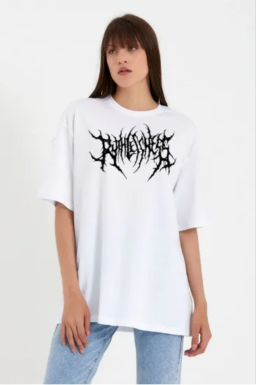Kadın Baskılı T-Shirt Kısa Kol Bisiklet Yaka Oversize Rahat Kalıp Günlük Tişört   - Beyaz
