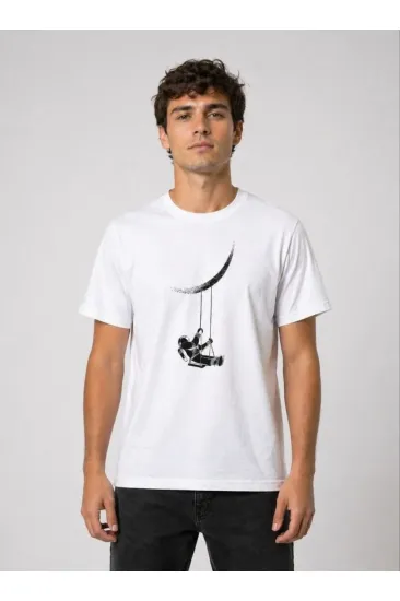 Erkek Astronot Ay Temalı Tişört Kısa Kol Yazlık Bisiklet Yaka T-Shirt - Beyaz Erkek Astronot Ay Temalı Tişört Kısa Kol Yazlık Bisiklet Yaka T-Shirt - Beyaz