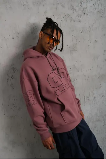 Erkek 3 İplik Pamuklu Kapüşonlu Baskılı Cepli Sweatshirt Hoodie - Gül Kurusu Erkek 3 İplik Pamuklu Kapüşonlu Baskılı Cepli Sweatshirt Hoodie - Gül Kurusu