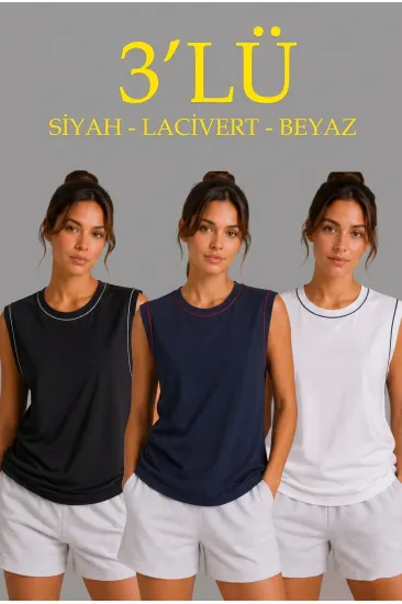 Kadın 3’lü Kolsuz Sporcu Atlet Seti Yazlık Bisiklet Yaka - Siyah, Lacivert, Beyaz