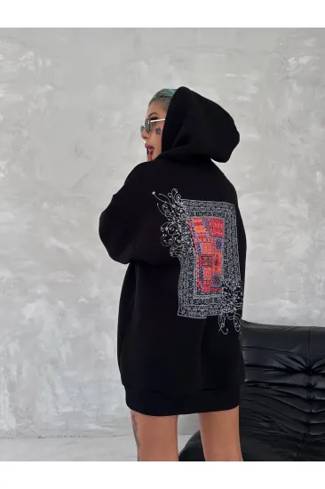 Kadın Kapüşonlu Kanguru Cepli Sweatshirt 3 İplik Pamuklu Baskılı Hoodie - Siyah