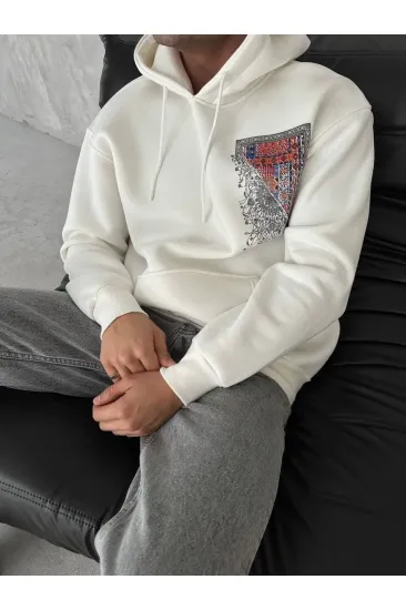Erkek Kapüşonlu Kanguru Cepli Sweatshirt 3 İplik Pamuklu Baskılı Hoodie - Beyaz