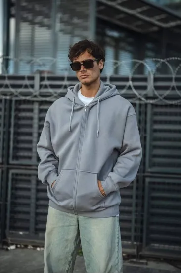 Erkek Tam Fermuarlı Cepli Kapüşonlu 3 iplik pamuklu hoodie Sweatshirt - Gri Erkek Tam Fermuarlı Cepli Kapüşonlu 3 iplik pamuklu hoodie Sweatshirt - Gri