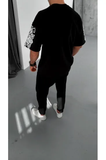 Erkek Kısa Kol Yazlık Tişört Bisiklet Yaka Baskılı Oversize T-Shirt - Siyah
