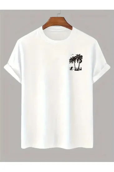 Erkek Tişört Palmiye Baskılı Bisiklet Yaka Kısa Kol T-Shirt - Beyaz