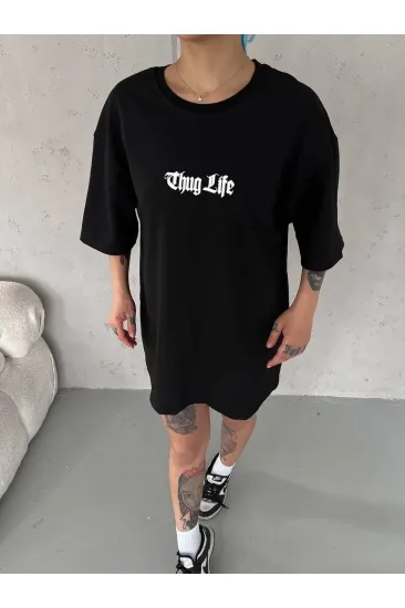 Kadın Kısa Kol Yazlık Tişört Bisiklet Yaka Baskılı Oversize T-Shirt -  Siyah