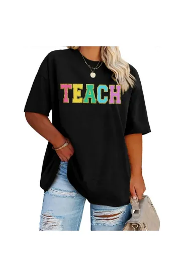 Kadın Baskılı T-Shirt Kısa Kol Bisiklet Yaka Oversize Rahat Kalıp Tişört - Siyah