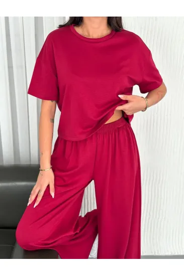 Kadın Osy Modal Bisiklet Yaka Tişört Bol Paça Pantolon İkili Takım - Bordo Kadın Osy Modal Bisiklet Yaka Tişört Bol Paça Pantolon İkili Takım - Bordo
