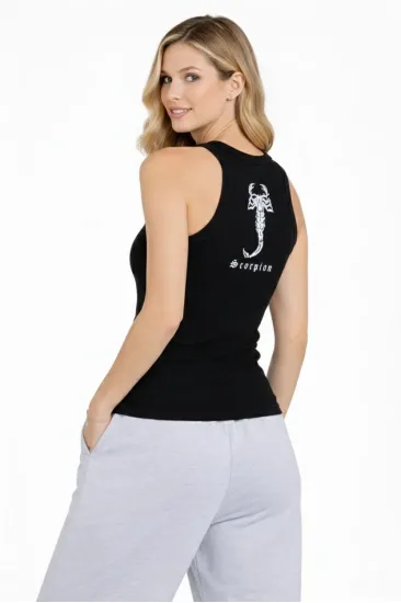 Kadın Fitilli Atlet Sıfır Yaka Slim Fit Arka Baskılı Spor Atlet - Siyah Kadın Fitilli Atlet Sıfır Yaka Slim Fit Arka Baskılı Spor Atlet - Siyah