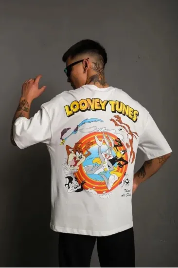 Erkek Bisiklet Yaka Baskılı Oversize Kısa kol T-Shirt - Beyaz