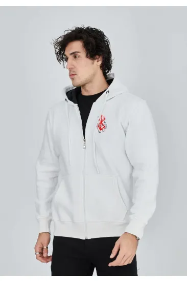 Erkek 3 İplik Pamuklu Kapüşonlu Tam Fermuarlı Cepli Hoodie Sweatshirt - Beyaz