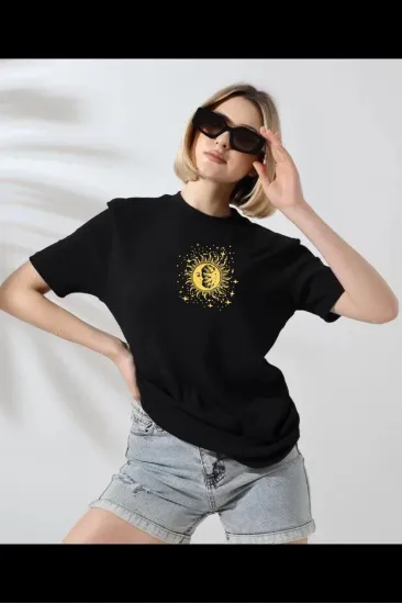 Kadın Bisiklet Yaka Baskılı Kısa kol T-Shirt - Siyah Kadın Bisiklet Yaka Baskılı Kısa kol T-Shirt - Siyah