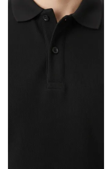Erkek Polo Yaka Düğmeli Pike Kumaş Tişört Regular Fit Kısa Kol T-Shirt - Siyah