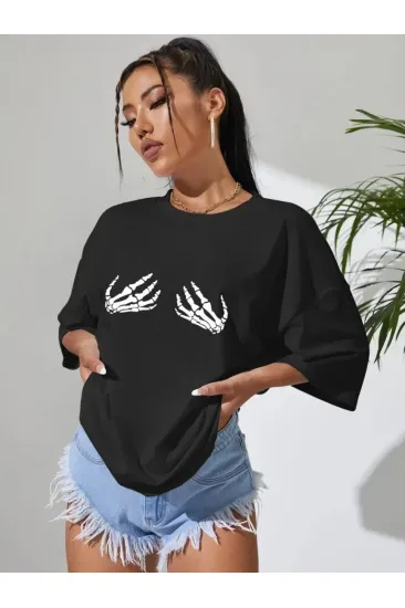 Kadın Baskılı T-Shirt Kısa Kol Bisiklet Yaka Oversize Rahat Kalıp Tişört - Siyah